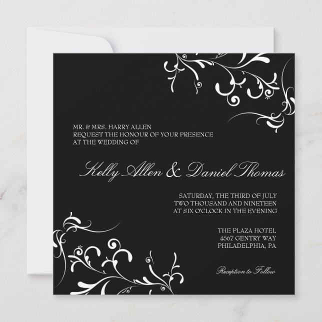 Wedding Invitation | Floral Grace II |blkw (Front)