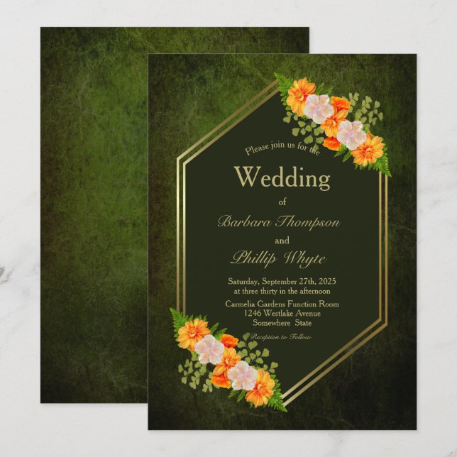 Wedding Invitation Geometric Orange Floral (Front/Back)