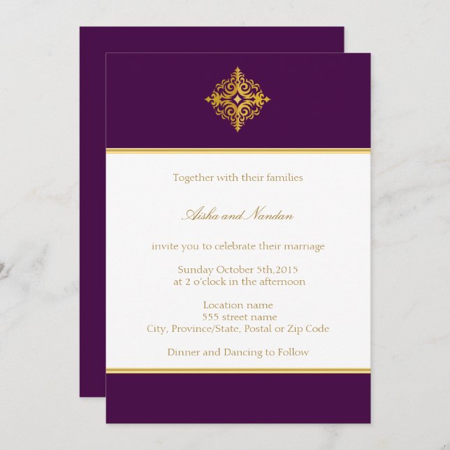 Wedding Invitation Gold & Purple (Front/Back)