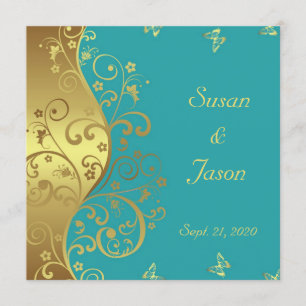 Wedding Invitation--Gold Swirls & Teal Invitation