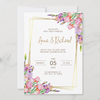 wedding invitation Golden frame pink flowers