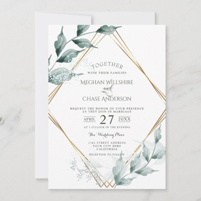 Wedding Invitation | Greyed Jade Green Botanical (Front)
