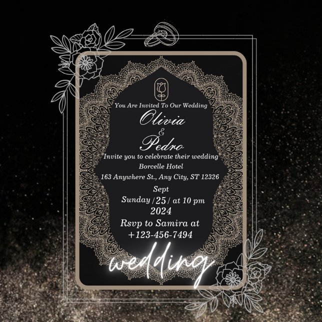 Wedding invitation in black colour with decoration (Creator Uploaded)