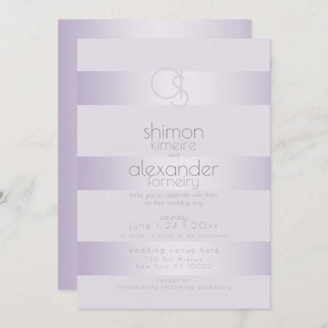 Wedding Invitation | Lilac Shimmer Stripe Monogram (Front/Back)