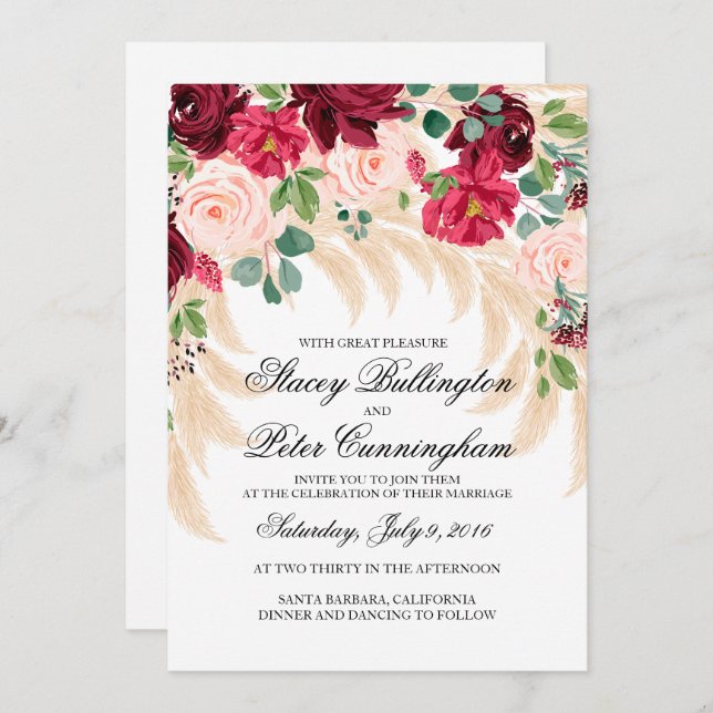 Wedding invitation Marsala peony rose pampas grass (Front/Back)