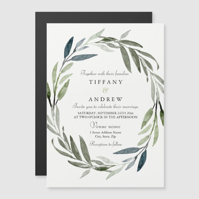 Wedding Invitation:  Modern Elegant Leaf Wreath Magnetic Invitation (Front/Back)