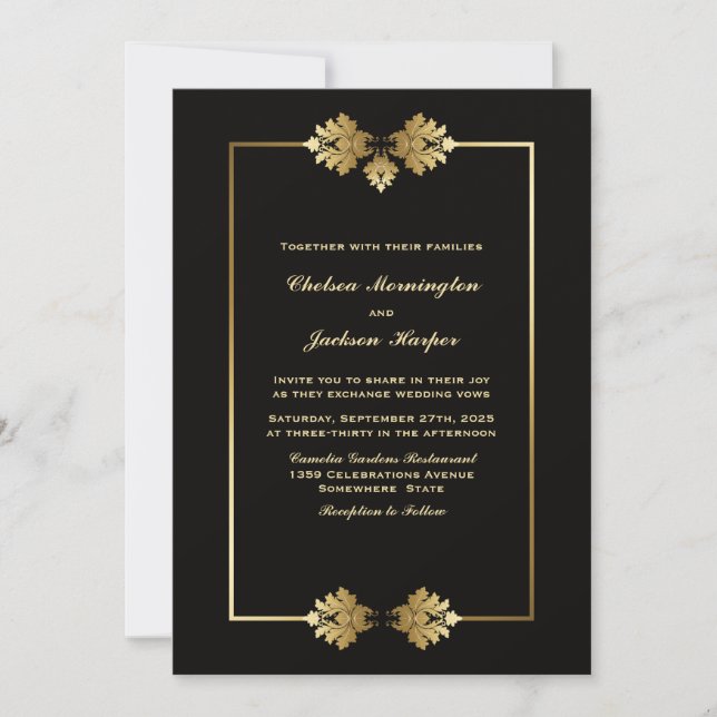Wedding Invitation Modern Simple Black with Gold (Front)