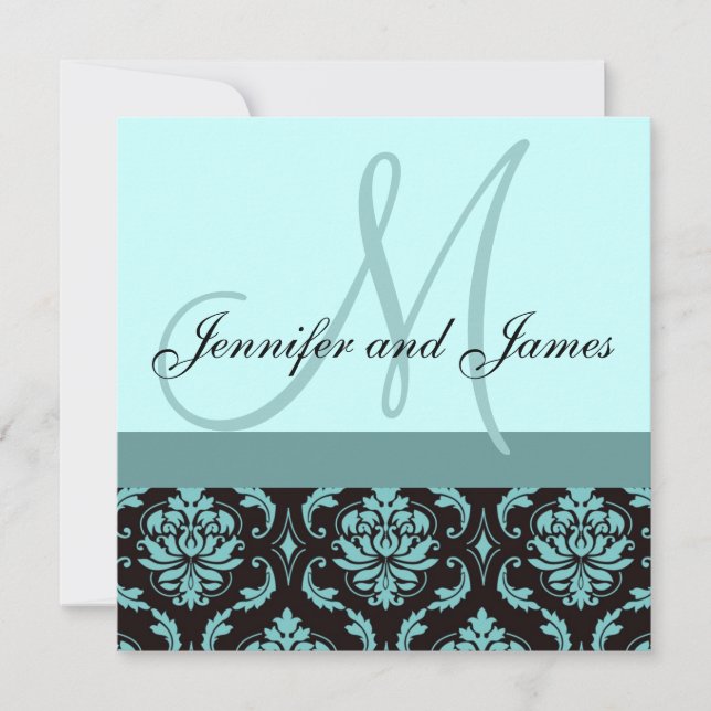 Wedding Invitation Monogram Blue Damask (Front)