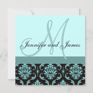 Wedding Invitation Monogram Blue Damask