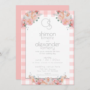 Wedding Invitation   Monogram Coral Gingham Floral