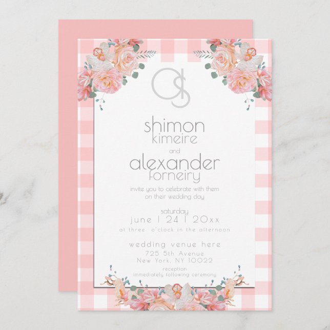 Wedding Invitation | Monogram Coral Gingham Floral (Front/Back)