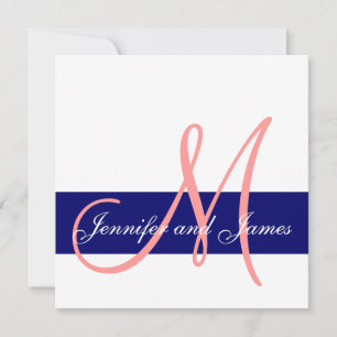 Wedding Invitation Monogram Coral Pink Navy Blue