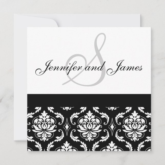 Wedding Invitation Monogram Names Black Damask (Front)