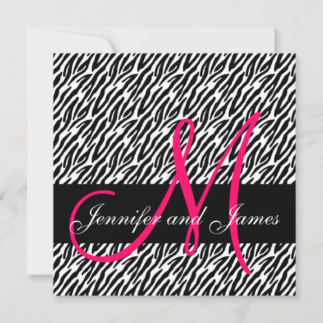 Wedding Invitation Monogram Names Black White Pink (Front)