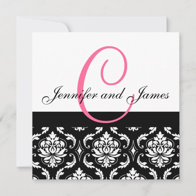 Wedding Invitation Monogram Names Hot Pink Damask (Front)
