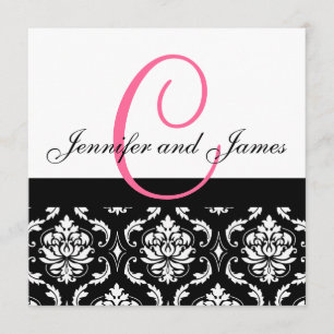 Wedding Invitation Monogram Names Hot Pink Damask