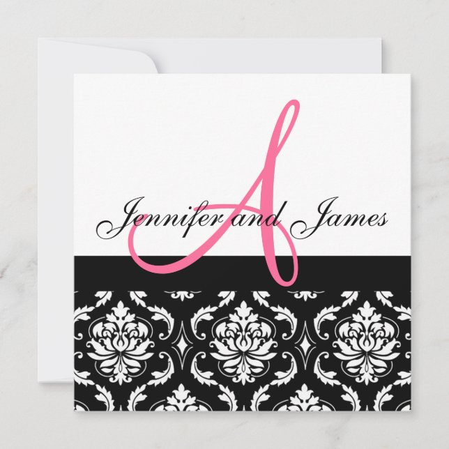 Wedding Invitation Monogram Names Hot Pink Damask (Front)