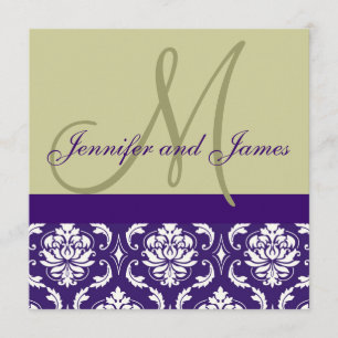 Wedding Invitation Monogram Taupe Purple Damask
