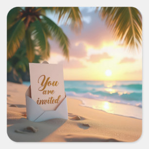 Wedding Invitation On a Tropical Beach Square Sticker