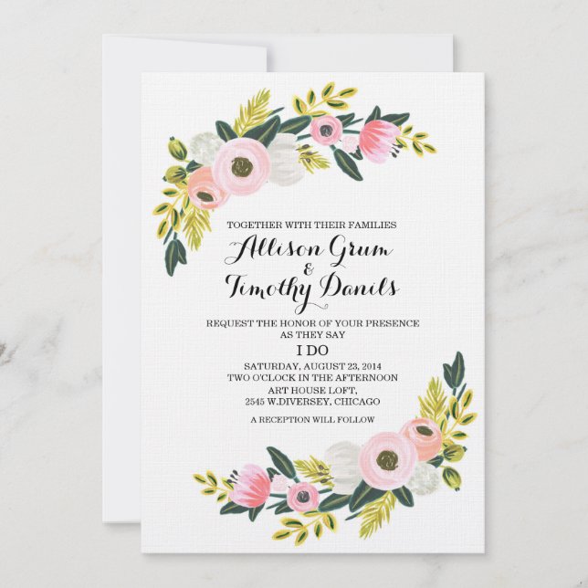 Wedding Invitation Pink Blush Watercolor Floral (Front)