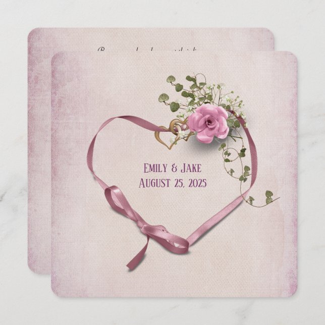 wedding invitation pink ribbon heart with rings (Front/Back)