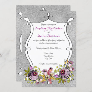 Wedding Invitation   Plum, FAUX Silver Foil Floral