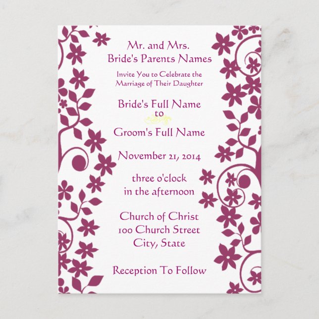 Wedding Invitation-Plum Swirls and Flowers Invitation Postcard (Front)