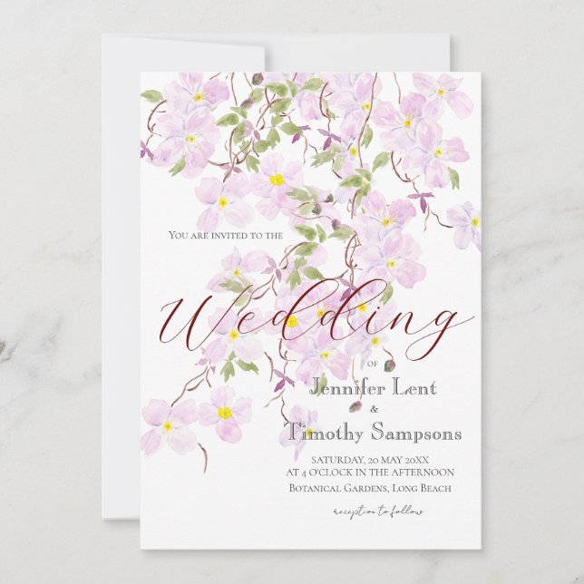 Wedding Invitation  purple climbing clematis 3 (Front)