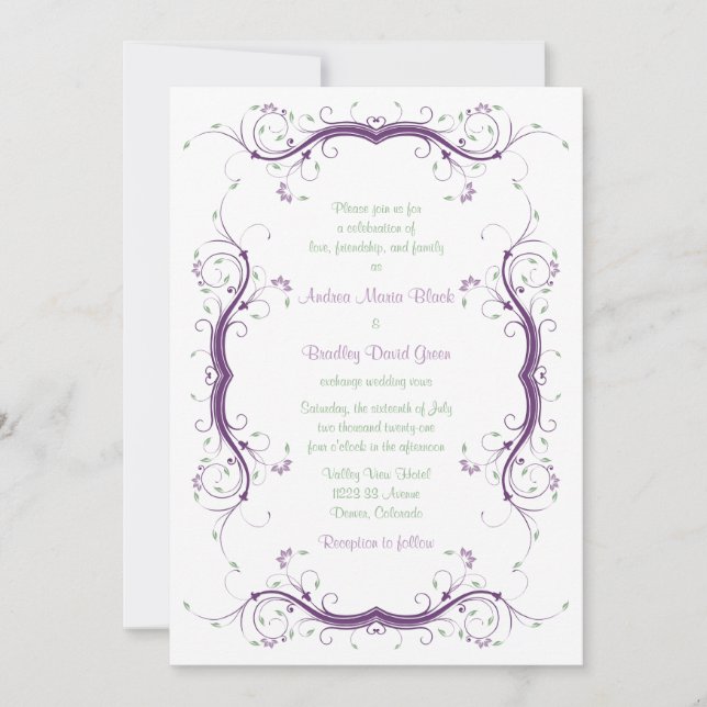 Wedding Invitation | Purple Green Floral Scroll (Front)
