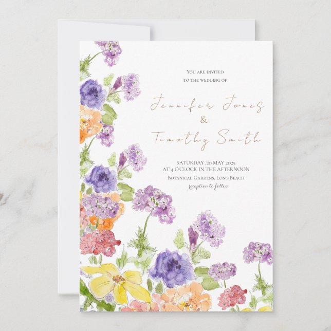 Wedding invitation purple yellow and orange flower (Front)