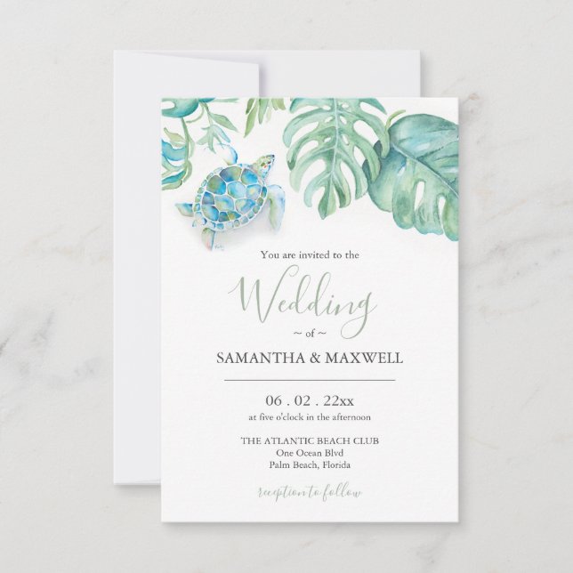 Wedding Invitation QR Code Tropical Sea Turtle (Front)