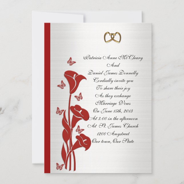 Wedding Invitation red calla lily and butterflies (Front)