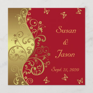 Wedding Invitation--Red & Gold Swirls Invitation