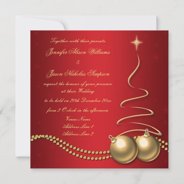 Wedding Invitation Red with Gold  Christmas Tree (Front)
