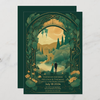 Wedding Invitation Romantic Emerald Green and Gold