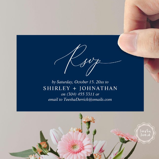 Wedding Invitation RSVP, Modern Romantic Reminder (Wedding Invitation RSVP Modern Minimalist Design Reminder Email Phone Texting in Classy Navy Blue)
