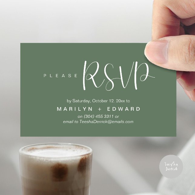 Wedding Invitation RSVP Reminder Enclosed Card (Wedding invitation RSVP via Phone or email respond reminder Enclosure Card in aesthetic Sage Green)
