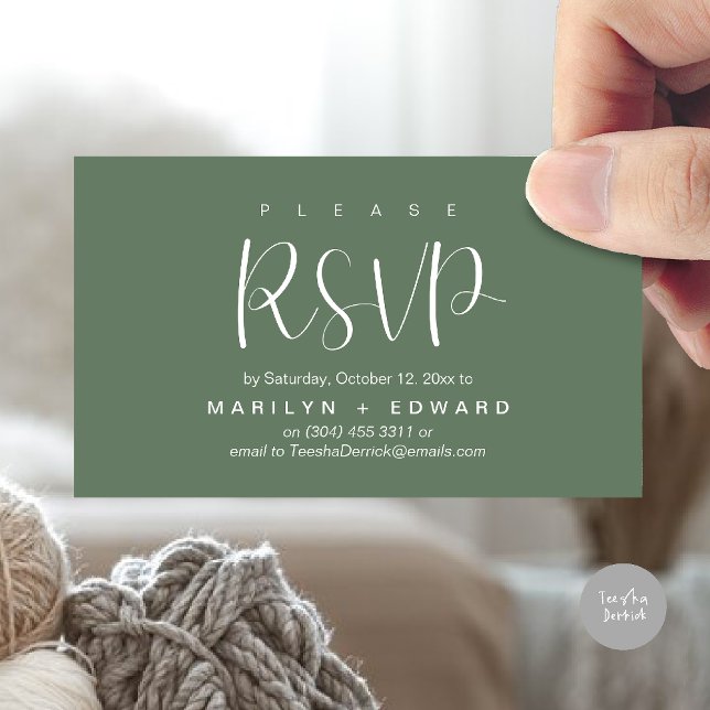 Wedding Invitation RSVP Reminder Enclosed Card (Wedding invitation RSVP via Phone or email respond reminder Enclosure Card in aesthetic Sage Green)