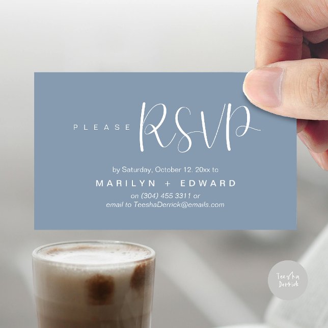 Wedding Invitation RSVP Reminder Enclosed Card (Wedding invitation RSVP via Phone or email respond reminder Enclosure Card in aesthetic Dusty Blue)