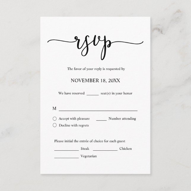 Wedding Invitation RSVP Respond, Meal options Card (Front)