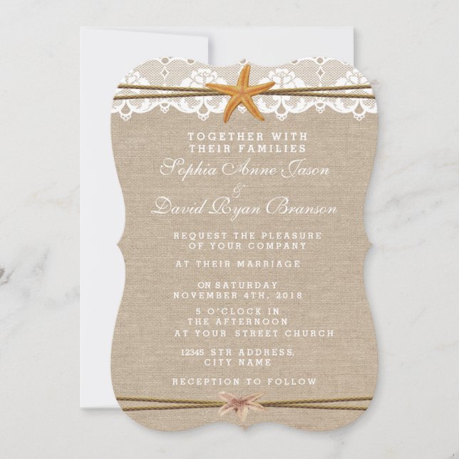 Wedding Invitation Rustic Beach Starfish Lace (Front)