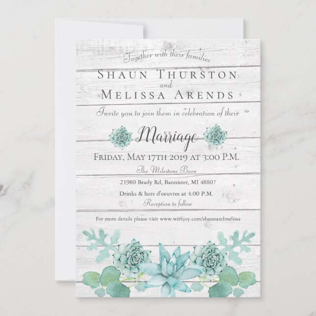 Wedding Invitation - Rustic Teal Succulent (Front)