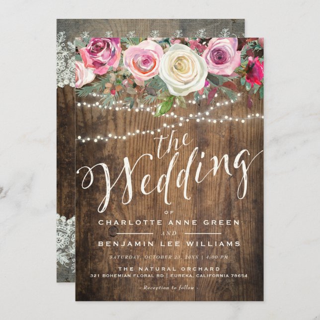 WEDDING INVITATION | Rustic Wood Floral Lights (Front/Back)