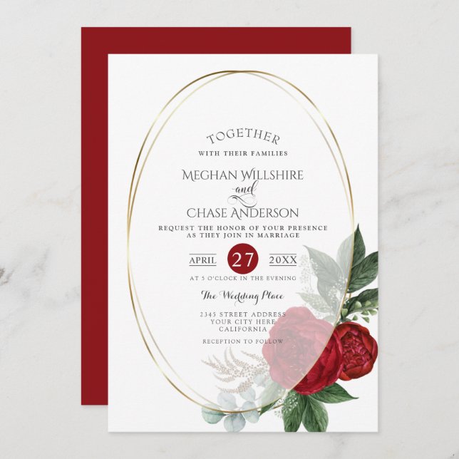 Wedding Invitation | Scarlet Peony Floral Oval (Front/Back)