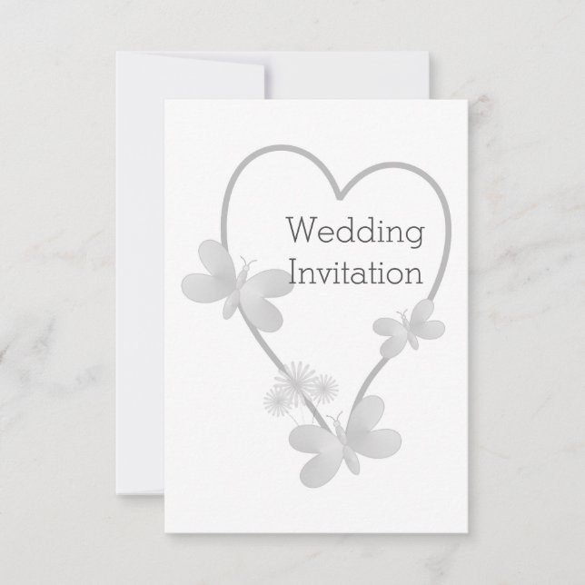 Wedding Invitation Silver Heart Butterflies (Front)