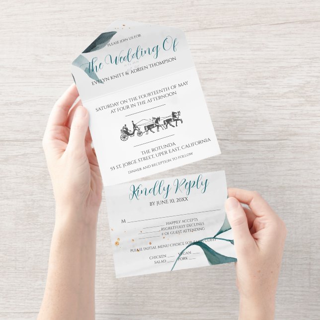 Wedding invitation, simple with retro carriage all in one invitation (Tearaway)