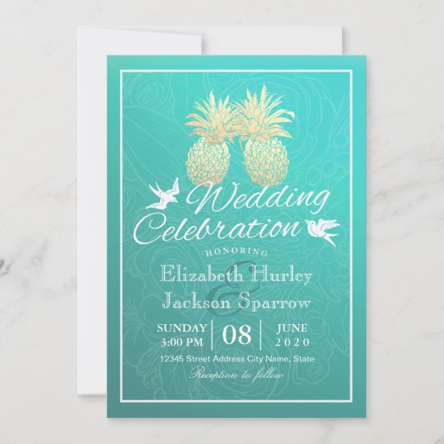 Wedding Invitation Teal Gold Foil Pineapple Couple (Front)