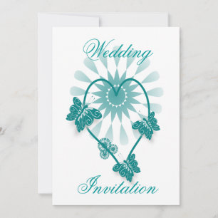 Wedding Invitation Teal Heart And Butterflies