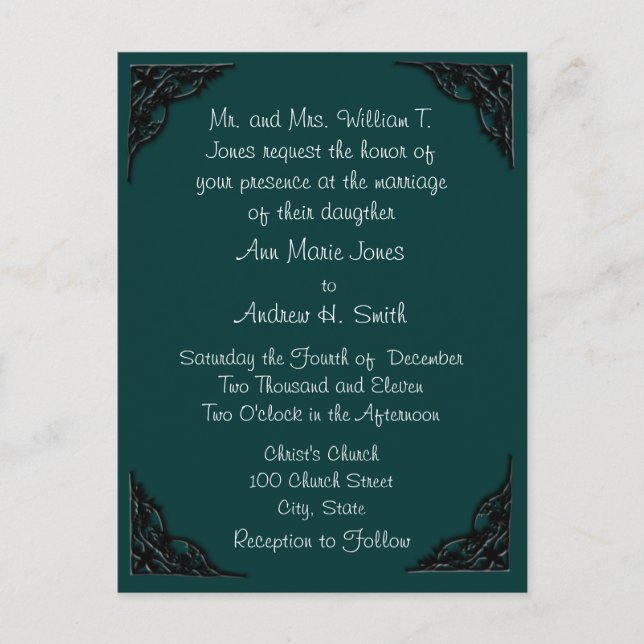 Wedding Invitation Teal with Black Corners (Front)