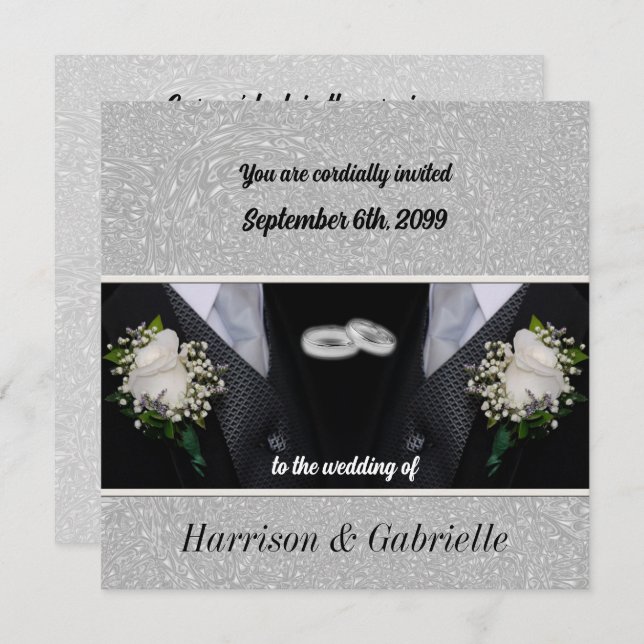 Wedding Invitation | Two Grooms | Silver Damask (Front/Back)